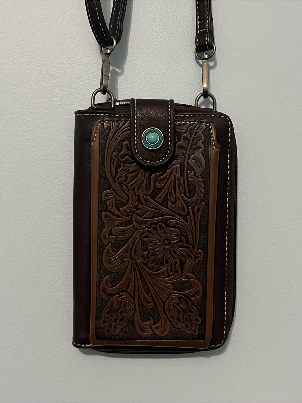 Montana West Dark Brown Crossbody Phone Wallet with Turquoise Snap